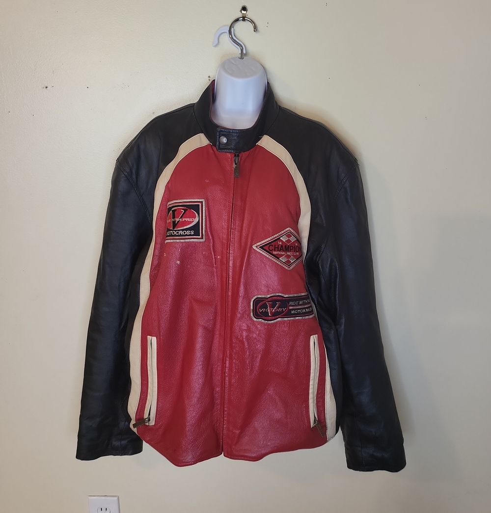 Men's Red and Black Leather Racing Jacket - Unbranded